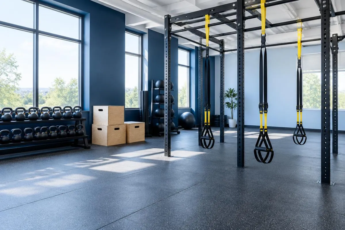 A bright functional training studio with TRX straps hanging from a rig and kettlebells on the floor
